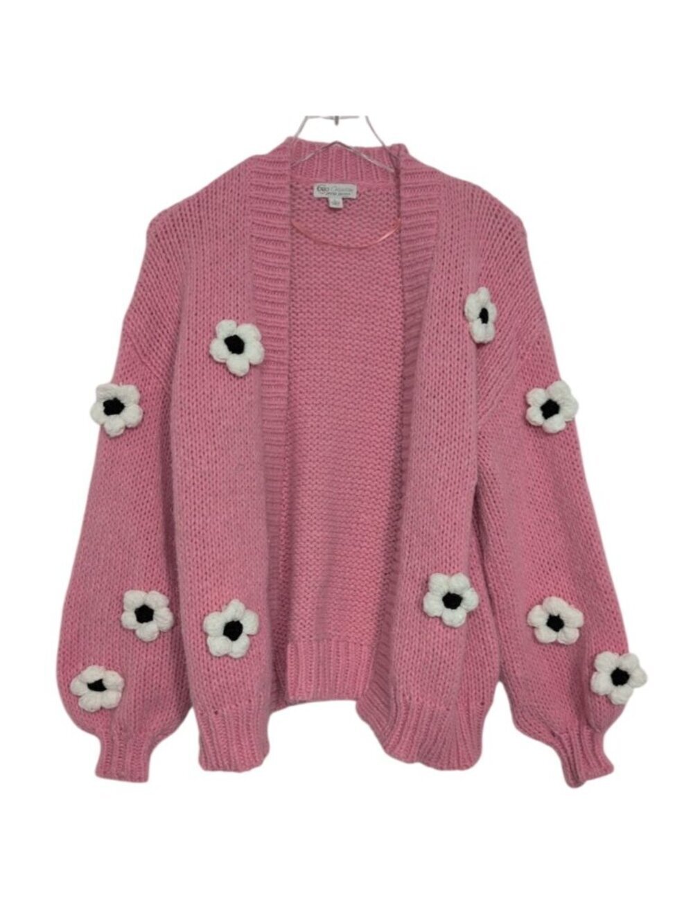 Cato Collection 3D Floral Cardigan Womens Size Large Pink Lantern Sleeve Knit